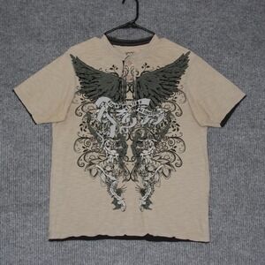 Modern Culture T Shirt Mens M Beige Wings Dragon Design Henley Y2K Grunge